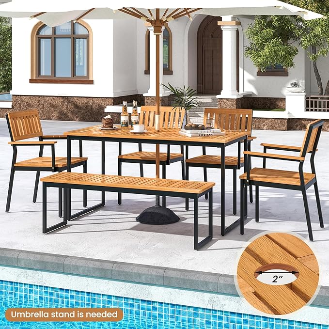 Tangkula 6 Pieces Outdoor Acacia Wood Dining Set, Patio Table and Chairs Set with Bench for 6-7 People, Outdoor Dining Furniture Set with 2" Umbrella Hole for Garden, Backyard and Poolside