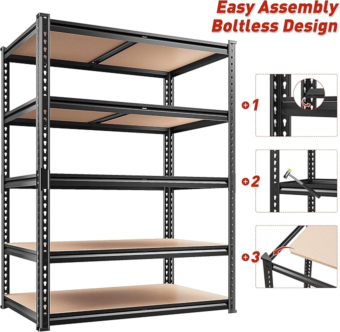 REIBII 2400LBS Storage Shelves 5 Tier Garage Shelving Heavy Duty, Adjustable Metal Shelving Unit, Garage Shelves for Basement, Warehouse, Pantry, Closet, Kitchen 72" H x 35.55" W x 16" D, 2 Pack | Heavy Duty, Adjustable, 2020LBS Capacity, Garage, Pantr...