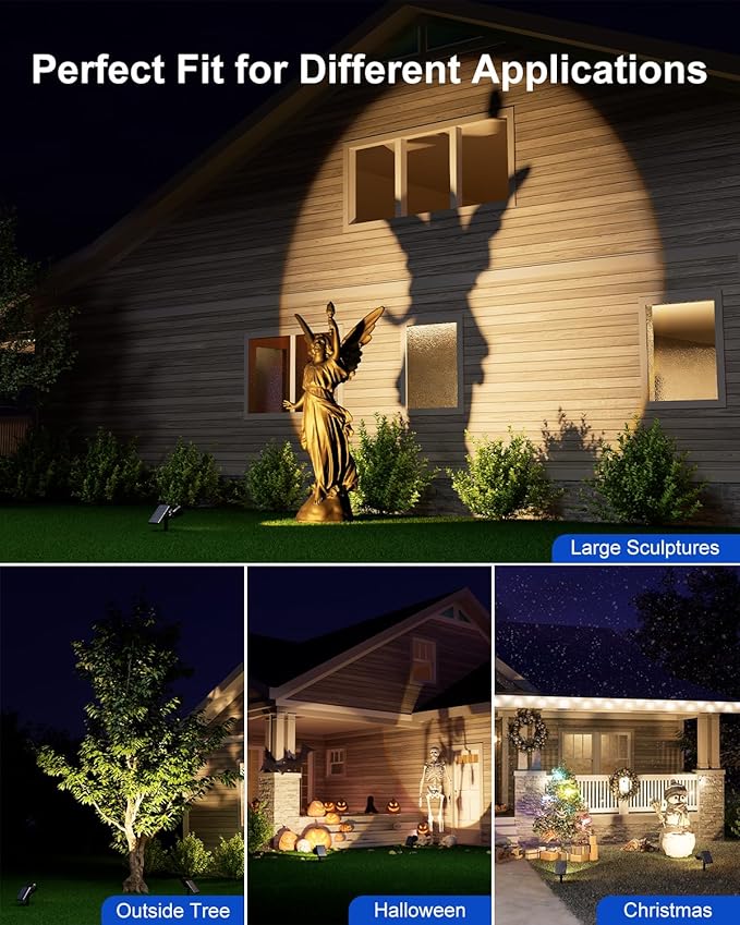 2 Pack Outdoor Solar Powered Spot Lights Waterproof Bright LED Spotlights Outside Uplighting for Yard Flag, Tree, Lawn, Garden, Backyard, House, Driveway, Super Focused Lens Spotlights, Warm White