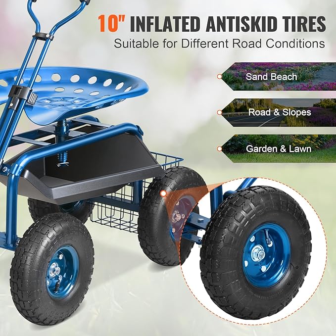 VEVOR Garden Cart Rolling Workseat with Wheels, Gardening Stool for Planting, 360 Degree Swivel Seat, Wagon Scooter with Steering Handle & Utility Tool Tray, Use for Patio, Yard, and Outdoors, Blue
