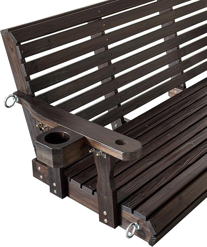 Fortune Candy Wooden Porch Swing 3-Seater, High Backrest and Deep Seat, Bench Swing with Cupholders, Hanging Chains and 7mm Springs, Heavy Duty 880 LBS (Deep Brown, 5 FT Extra Large)