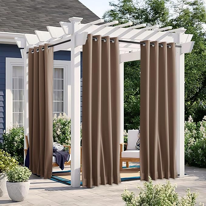 NICETOWN 2 Panels Outdoor Curtains for Patio Waterproof Top & Bottom Grommet & Back Tab, Blackout Outdoor Drapes with Rope for Fixed Windproof Privacy Sun Blocking for Porch, W46 x L90, Tan-Khaki