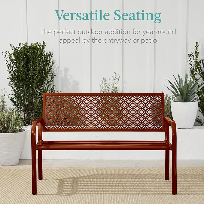 Best Choice Products Outdoor Bench 2-Person Metal Steel Benches Furniture for Garden, Patio, Porch, Entryway w/Geometric Backrest, 790lb Capacity - Rust