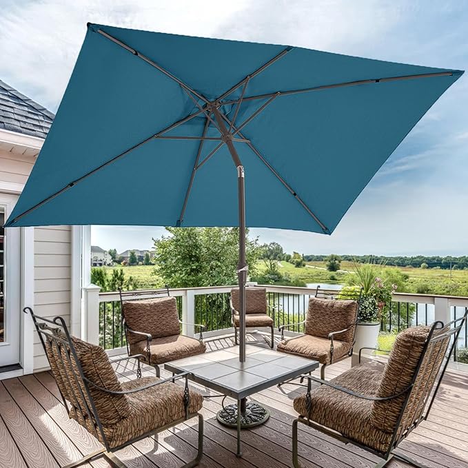 JEAREY 6.5x10 ft Rectangular Patio Umbrellas Rectangle Outdoor Umbrella with Push Button Tilt and Crank, Market Table Umbrella 6 Sturdy Ribs UV Protection for Poolside Garden Backyard Deck, Lake Blue