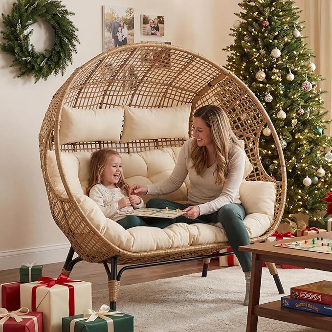 NICESOUL® Double Egg Chair Indoor Outdoor Stationary Oversized 6.5" Thick Padded Cushions,2 Person Egg Wicker Loveseat Chair,680 lbs Extra Large Lounge Chair for Patio Balcony Porch Backyard Beige