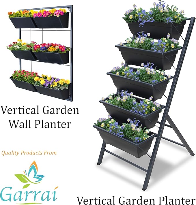 Vertical Garden Wall Planter. Ideal Indoor or Outdoor Container Gardening. Includes 6 Removable Pots and Wall Mounted Metal Frame. Self Draining Garden for Vegetables, Flowers or Herbs.