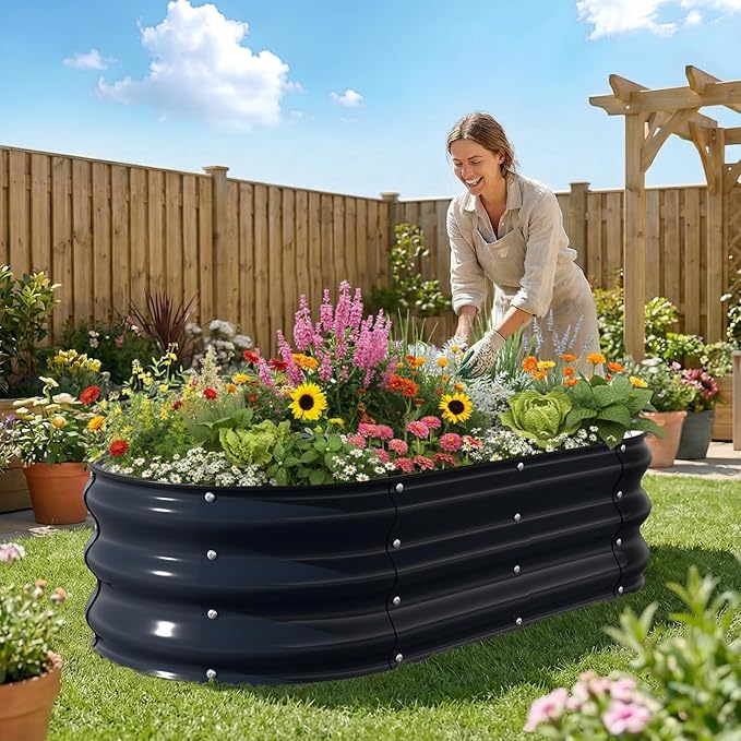 Kesfitt Raised Garden Bed, 4x2x1 FT Galvanized Steel Metal Raised Garden Bed, Oval Open-Bottom Design, 12-Inch Deep for Outdoor Vegetable & Herb Gardening, Midnight Blue