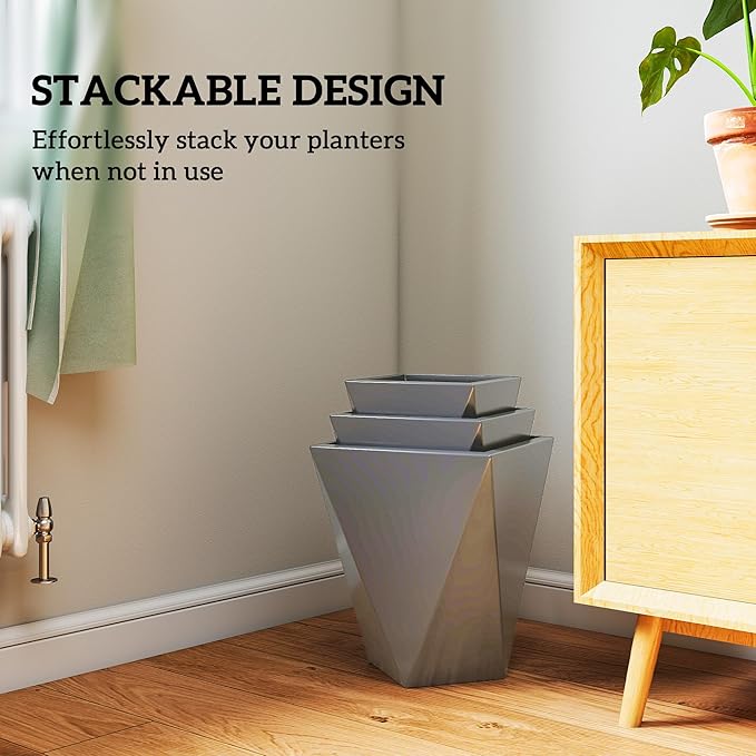 Outsunny Set of 3 Tall Planters, 18", 15.25", 11.75", MgO Indoor Outdoor Planters with Drainage Holes, Stackable Flower Pots for Garden, Patio, Balcony, Front Door, Gray