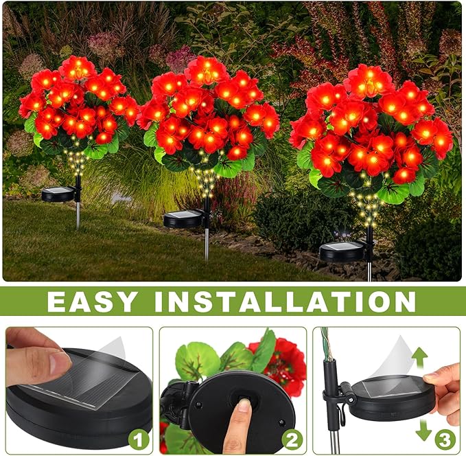 2 Pcs Solar Geraniums Lights Outdoor Waterproof for Garden Spring Decor Light with 10 Solar Geraniums Light for Outside Stake Decorative Auto On/Off for Garden Yard Backyard Patio