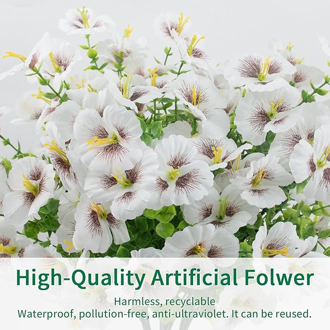 12 Bundles Artificial Pansy Flowers for Outdoor, Faux Silk Pansies Spring Flowers Outside for Planter Front Door Porch Patio Yard Window Box Home Decor (White)