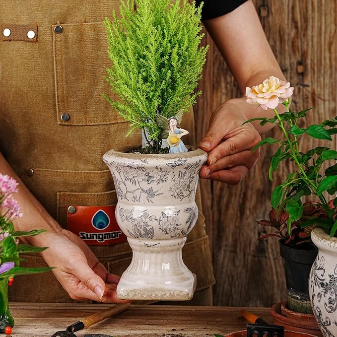 Sungmor Small Ceramic Urn Planter - Grey Scroll Floral Pedestal Flower Pot, Decorative Vintage Chinoiserie Style Planters, Tuscan Accent Vase Indoor Outdoor Plant Holder with Drainage