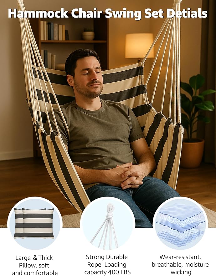 Hammock Chair Swing 2 Cushions Included - Hanging Rope Swing Max 400 Lbs Sturdy Soft Cotton Indoor for Bedroom Swing Chair Outdoor Patio Bedroom Porch Deck Black White