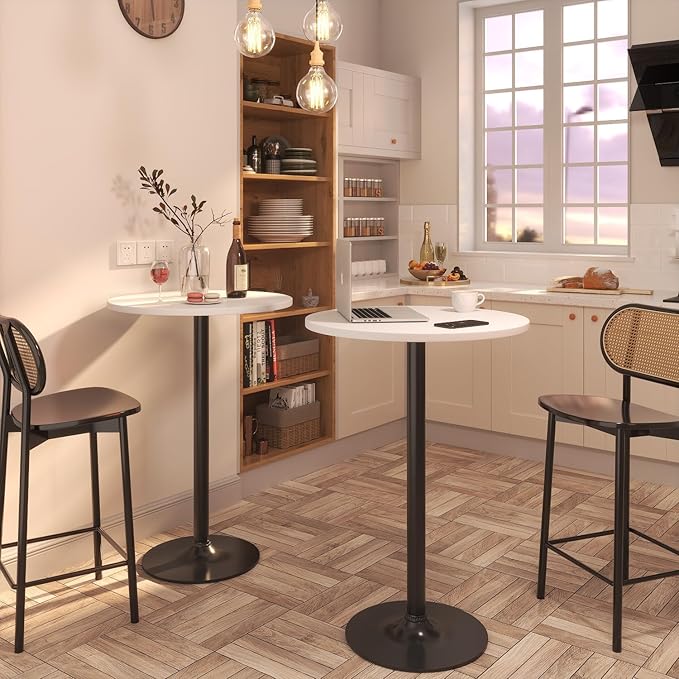 Furmax Bistro Pub Table Round Bar Height Cocktail Table for Home Bar, Small Round Bar Tables for Party, Dining Room, Living Room and Wedding, Metal Base MDF Top Obsidian, 40.6 Inch Height (4, White-1)