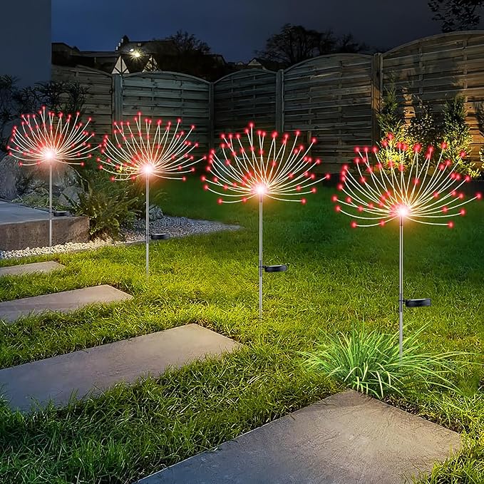 YOTOZU 4 PCS Solar Firework Light, Outdoor Solar Garden Decorative Lights 120 LED Powered 40 Copper Wires String DIY Landscape Light for Walkway Pathway Backyard Decoration Parties Perfect Gifts(Red)