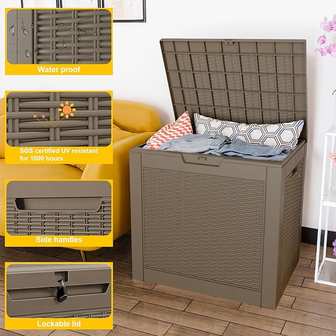 DRATO 34 Gallon Deck Boxes Resin Outdoor Storage Box UV Resistant Outside Deck Box with Lockable Lid for Patio Furniture（Grey，34 Gallon）