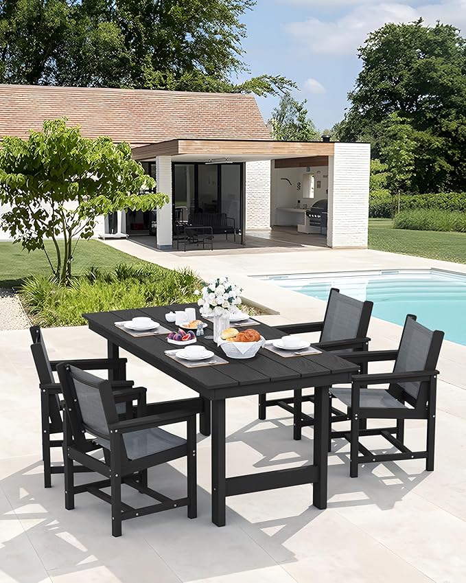 SERWALL 5 Piece Patio Dining Sets, Outdoor HDPE Dining Furniture Set with Umbrella Hole Cut-Out Table and 4 Woven Chairs, Gray