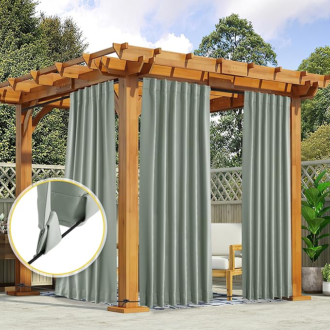 NICETOWN 2 Panels Outdoor Curtains for Patio Waterproof 108 inches Long, Windproof Thermal Insulated Top & Bottom Pocket & Back Tab Blackout Drapes with Rope for Fixed, Sage Green, W52 x L108