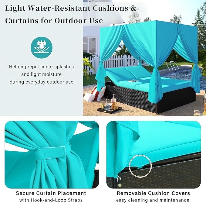 Patio Chaise Lounge, PE Rattan Outdoor Patio Wicker Sunbed Daybed with Adjustable Seats, Four-sided Canopy, Overhead Curtain and Blue Cushions for Backyard, Garden, Poolside (for 2-6 people)