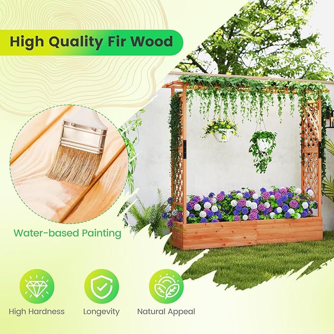 Giantex Raised Garden Bed with Trellis & Hanging Roof, Wood Planter Box with Bottom and Drainage Holes, Freestanding Garden Planter for Flower Vegetable Fruit Herb Climbing Vines, 77"x17"x72"