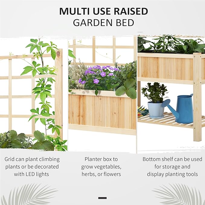 Outsunny 47'' Wooden Raised Garden Bed with Trellis, Coutryside Style Elevated Planter Box Stand with Open Storage Shelf, Spacious Planting Area for Vegetables, Herbs, Flowers