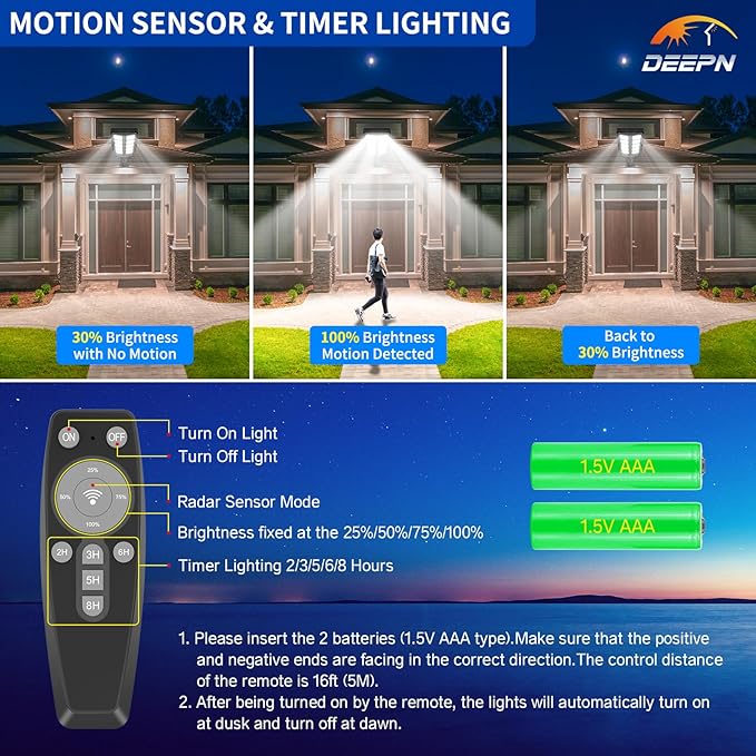 Deepn Solar Lights Outdoor, IP66 Waterproof Street Lights Outdoor, 6500K Dusk to Dawn Solar Security Flood Lights Motion Sensor with Remote Control for Yard, Entryway Garage, Porch 2 Pack