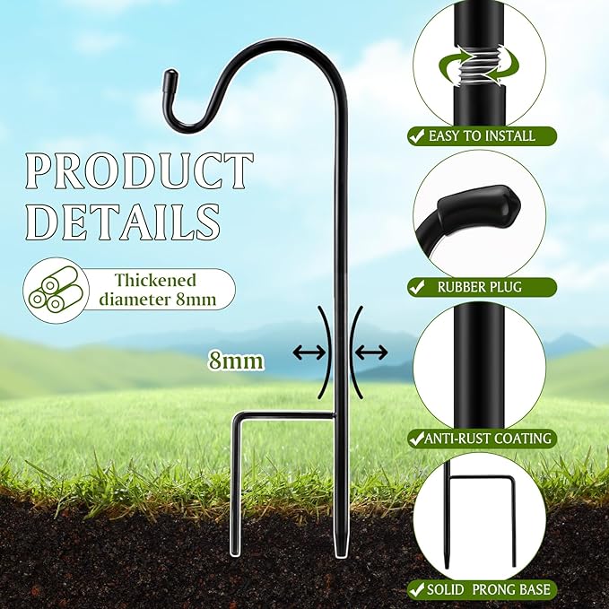 4 Pcs 15 Inch Shepherds Hook for Outdoor Adjustable Bird Feeder Pole Metal Steel Shepard Hooks for Hummingbird Stand Feeder Pole for Garden Plant, Lantern, Hanging Wedding Decor