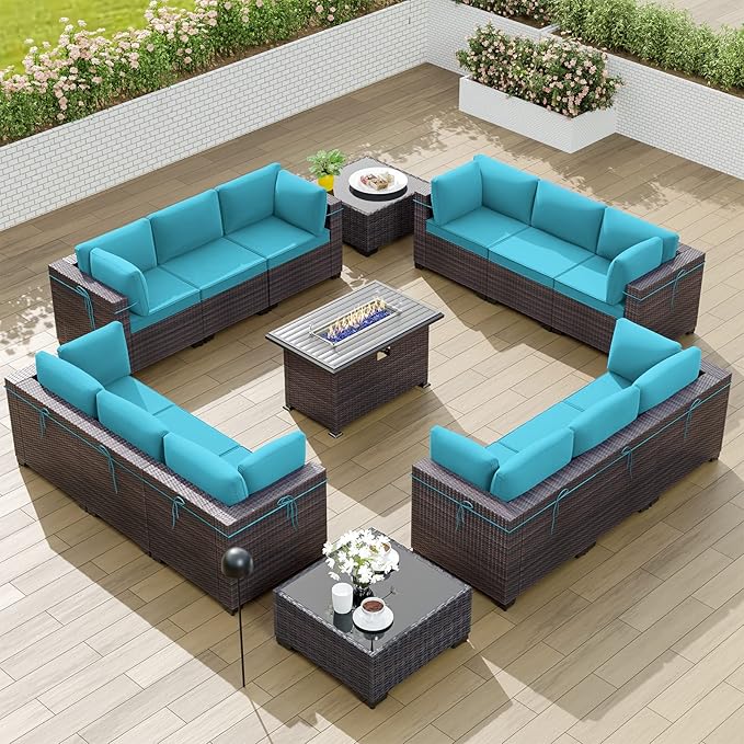 Kullavik 15PCS Outdoor Patio Furniture Set with 43" 55000BTU Gas Propane Fire Pit Table PE Wicker Rattan Sectional Sofa Patio Conversation Sets w/8 Coner Sofas,Blue