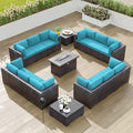 Kullavik 15PCS Outdoor Patio Furniture Set with 43" 55000BTU Gas Propane Fire Pit Table PE Wicker Rattan Sectional Sofa Patio Conversation Sets w/8 Coner Sofas,Blue