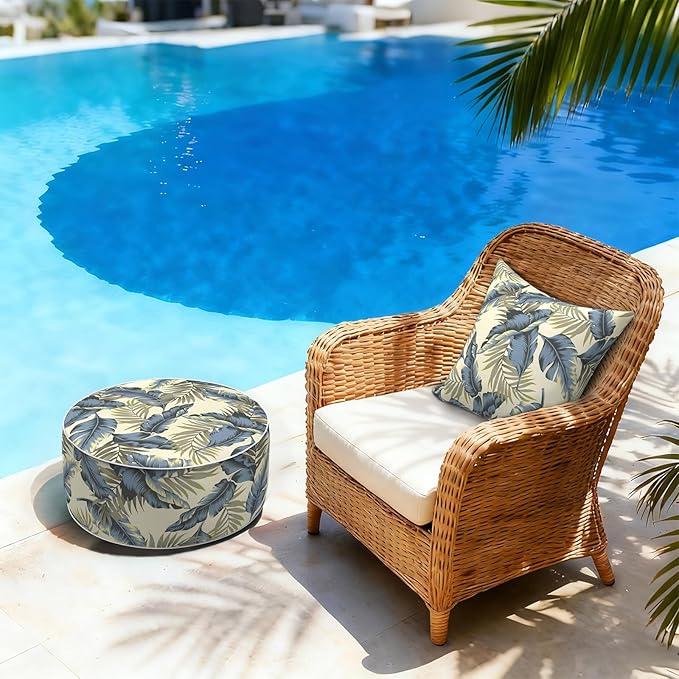 LVTXIII Inflatable Stool Ottoman Footrest with Handle, Decorative Fade-Resistant Foot Stool, Indoor or Outdoor Pouf for Home Garden and Camping Use, D21 x W 21 x H9, ‌Lush Palm Blue