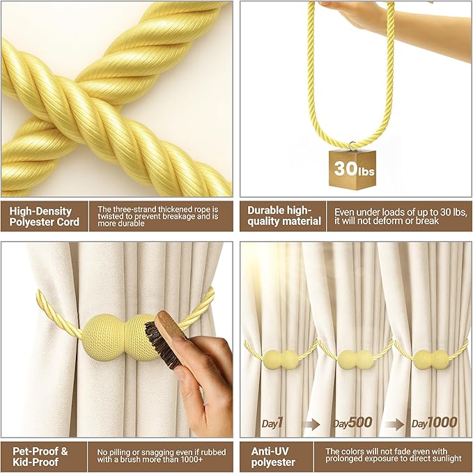 Hion Magnetic Curtain Tiebacks Golden 6 Pack, Curtain Tiebacks Buckles Holdbacks Holders Hooks Clip for Home Bedroom Office Decorative Thick or Thin Curtain