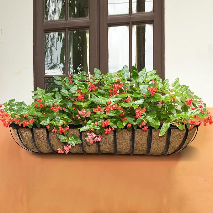 4 Pack 30 Inch Window Deck Railing Planter Boxes with Coconut Liner, Large Hanging Window Flower Boxes Metal Railing Planter for Balcony Fence Porch (4, 30 Inch)