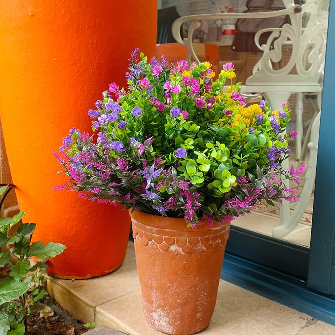 24 Bundles Artificial Fake Flowers Outdoor, 6 Styles UV Resistant No Fade Faux Plastic Greenery Shrubs Plants for Hanging Garden Porch Window Box Farmhouse Outside Decoration