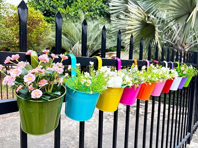 6 Inch Hanging Planters for Outdoor Plants, 10 Pack Metal Railing Planter, Rail Balcony Fence Flower Pot with Detachable Hooks, Colorful Garden Decor
