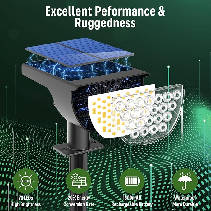Solar Lights Outdoor Waterproof IP65, Solar Powered 76 LED 3 Lighting Modes Solar Spot Lights Outdoor for Yard Garden Landscape Pathway (Cool White, 6 Pack)