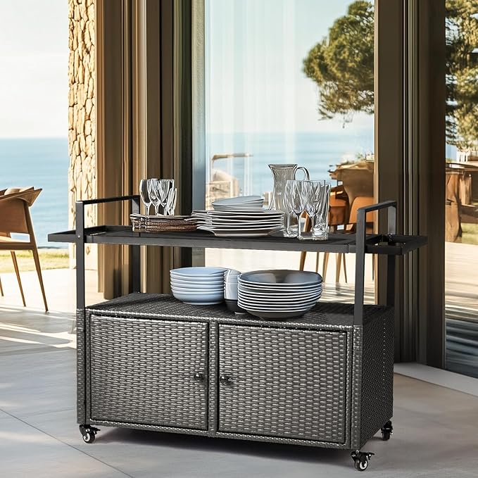 VINGLI Wicker Outdoor Bar Cart with Storage and Wheels, Outdoor Bar Table Serving Cart Rattan Bar Cart with Glass Top and Shelf for Pool, Party, Backyard, Porch (Black)