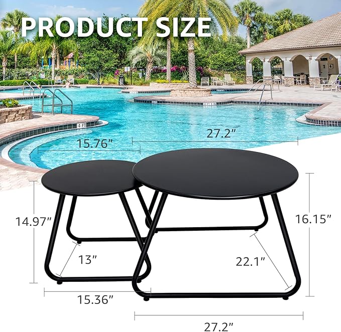 Patio Outdoor Coffee Table Set of 2, Weather Resistant Steel Round End Tables, Outdoor Nesting Table for Patio, Balcony, Bistro and Indoor, Black (Black)