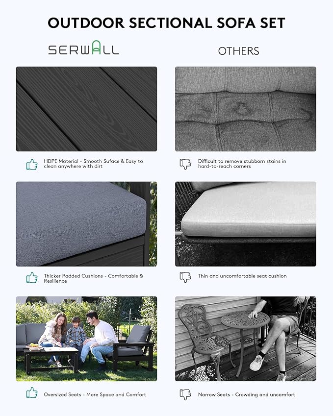 SERWALL Outdoor Sectional Sofa Set, 5-piece Outdoor Modula Couch Set with Ottoman, All Weather Patio Furniture Set with Chaise for Deck, Lawn, Black Frame with Gray Cushion