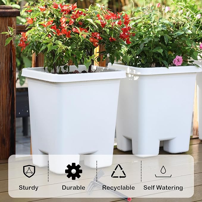Growing Vegetable Planter Pot 3 Packs, 15 * 14.2 Inches Deep Rectangle Pots for Vegetable Fruit Flower, Large Planters with Trays, for Patio Garden Balcony Home Porch Yard Indoor Outdoor (White)