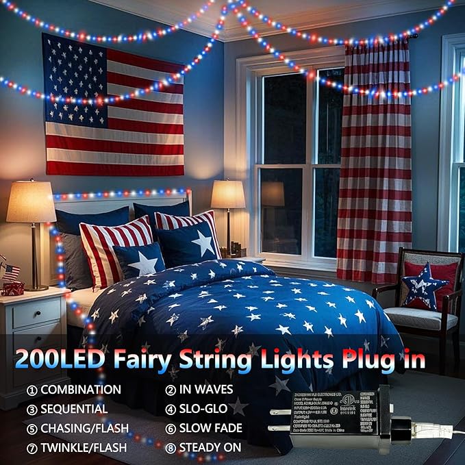 66Ft 200 LED Red White and Blue Fairy Lights Plug in, July 4th Waterproof String Lights 8 Modes with Timer for Indoor and Outdoor, American Flag Twinkle Lights for Independence Day, National Day