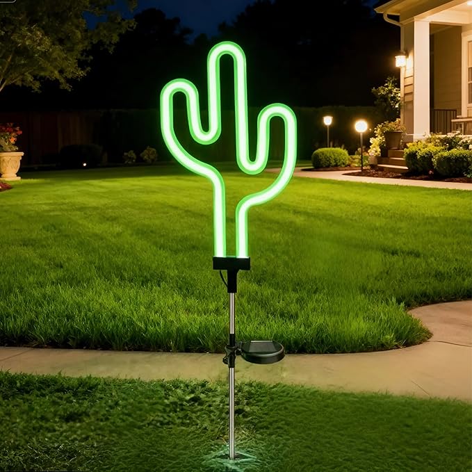 Solar Garden Stake Lights, Waterproof Landscape Light, Solar Landscape Path Lights, Neon Lights, Outdoor Decor for Garden, Yard, Lawn, Pathway, Patio, Backyard (Cactus)