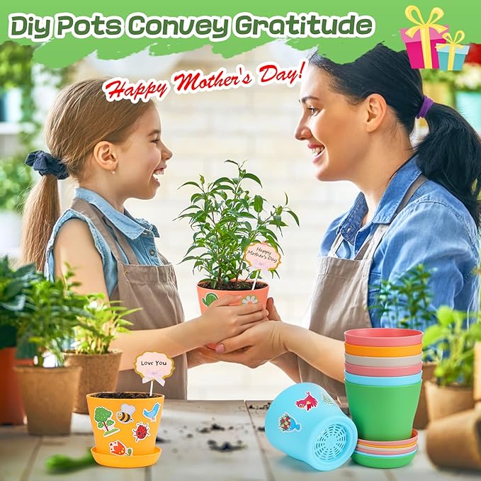 Durable Resin Garden Pot Craft Kit for Kids- 24 Pack Colorful Flower Plant Spring Crafts with Super-adhesive Stickers & Blank Labels School Activities Growing Kit for Classroom Home DIY Gift 4+ years