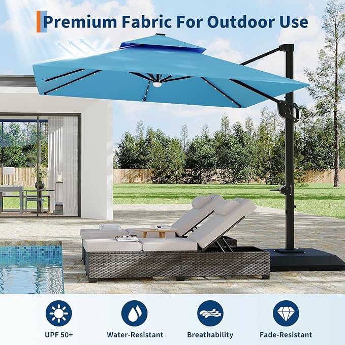 Garvee 10 ft Cantilever Patio Umbrella with Solar Lights, 360° Rotation Offset Umbrella, Easy Crank & Tilt Adjustment, UV Protection for Backyard, Poolside, Deck -Turquoise