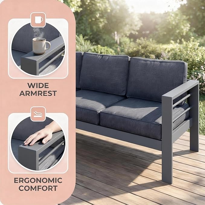 Kiss the Water Outdoor Couch Aluminum Patio Furniture Sofa, 3 Seat All-Weather Metal Patio Couch with 5" Thick and Soft Cushion and Wide Arm, Outdoor Sofa for Balcony, Porch