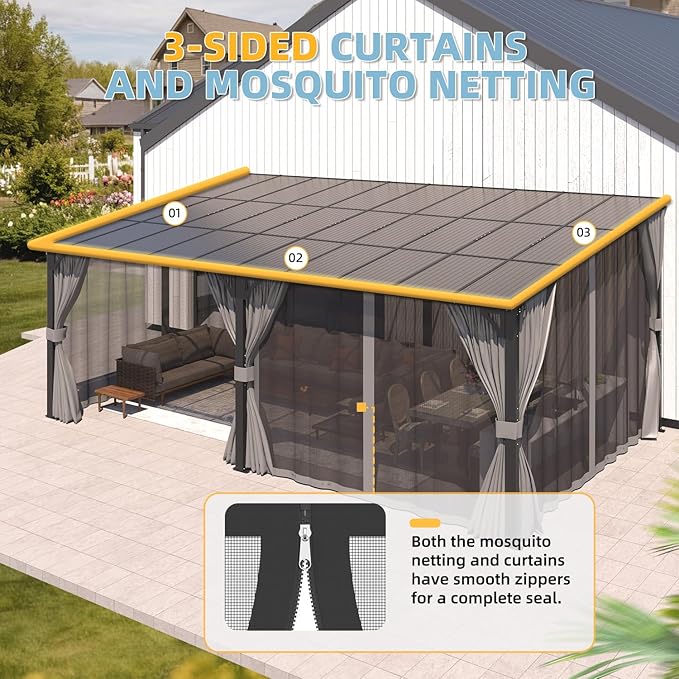 AECOJOY 20' X 12' Gazebo for Patio, Large Wall-Mounted Lean to Pergola Gazebo with Curtains and Netting, 12x20 Hard Top Pergolas and Gazebos on Clearance for Lawn Backyard Garden Deck