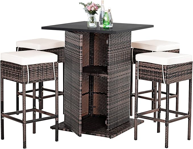 Tangkula 5 Piece Outdoor Rattan Bar Set, Patio Bar Furniture with 4 Cushions Stools and Smooth Top Table with Hidden Storage Shelf, Outdoor Conversation Set for Poolside, Backyard, Lawn