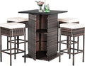 Tangkula 5 Piece Outdoor Rattan Bar Set, Patio Bar Furniture with 4 Cushions Stools and Smooth Top Table with Hidden Storage Shelf, Outdoor Conversation Set for Poolside, Backyard, Lawn