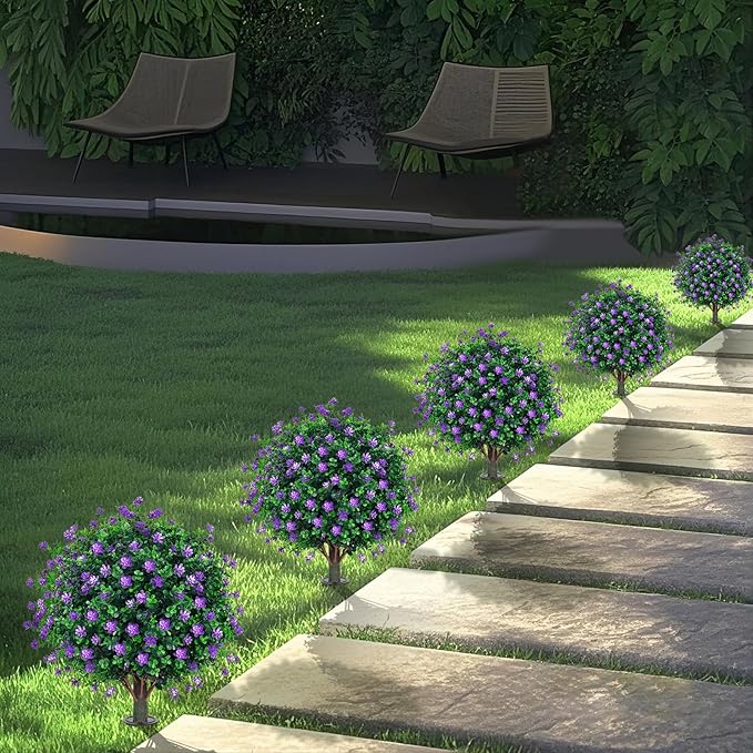 Artificial Boxwood Topiary Tree with Flower, Set of 2 Artificial Shrub Bushes with Ground Spike, Fake Evergreen Tree for Porch, Artificial Plants for Outdoor Planters Indoor UV Resistant