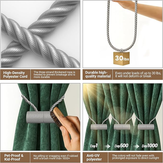 Hion Magnetic Curtain Tiebacks Grey 4 Pack, Curtain Tiebacks Buckles Holdbacks Holders Hooks Clip for Home Bedroom Office Decorative Thick or Thin Curtain