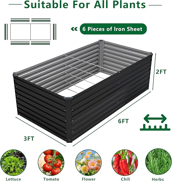 6x3x2FT Galvanized Raised Garden Bed Kit,Vegetable Plant Boxes-Rectangle Metal Flower Box,Large Planter Raised Beds Outdoor Garden for Planting,Fruit,Herb-Black
