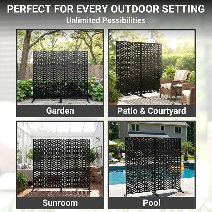 6FT Metal Privacy Screen Outdoor – Decorative Laser Cut Privacy Fence Panel for Patio, Deck & Garden, Rustproof Steel Privacy Divider, Modern Geometric Design, Freestanding Outdoor Privacy Screen
